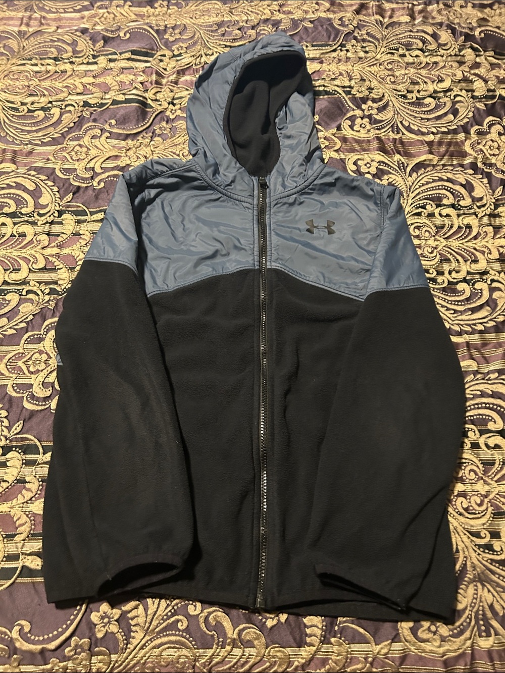 Under Armour Black Gray Hooded Full Zip Fleece Cold Gear Jacket Youth L Loose